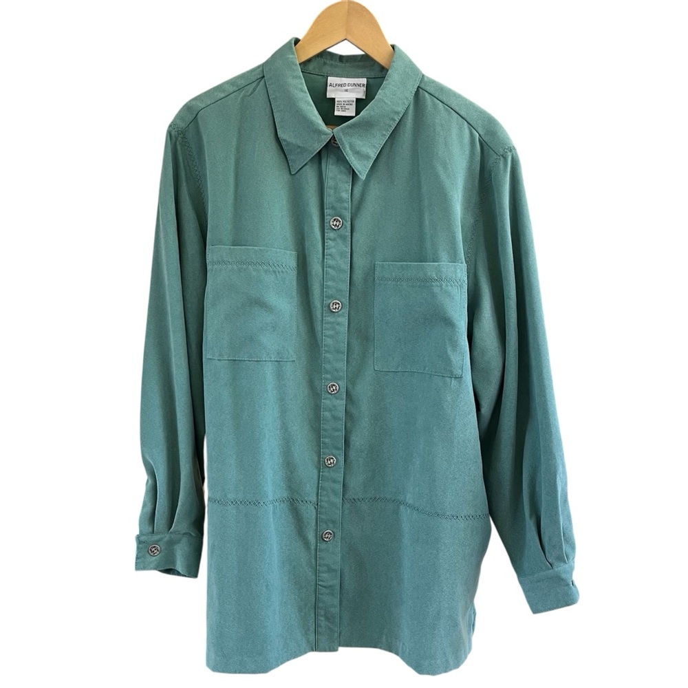 Vintage Alfred Dunner Faux Suede Button Down Shirt Jacket Size 16 Teal Green